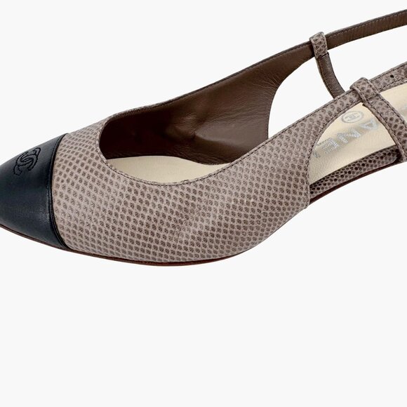 Chanel CC Cap Toe Slingback Kitten Pumps Heels Taupe Leather Size 38 US 7-7.5 - Picture 8 of 16